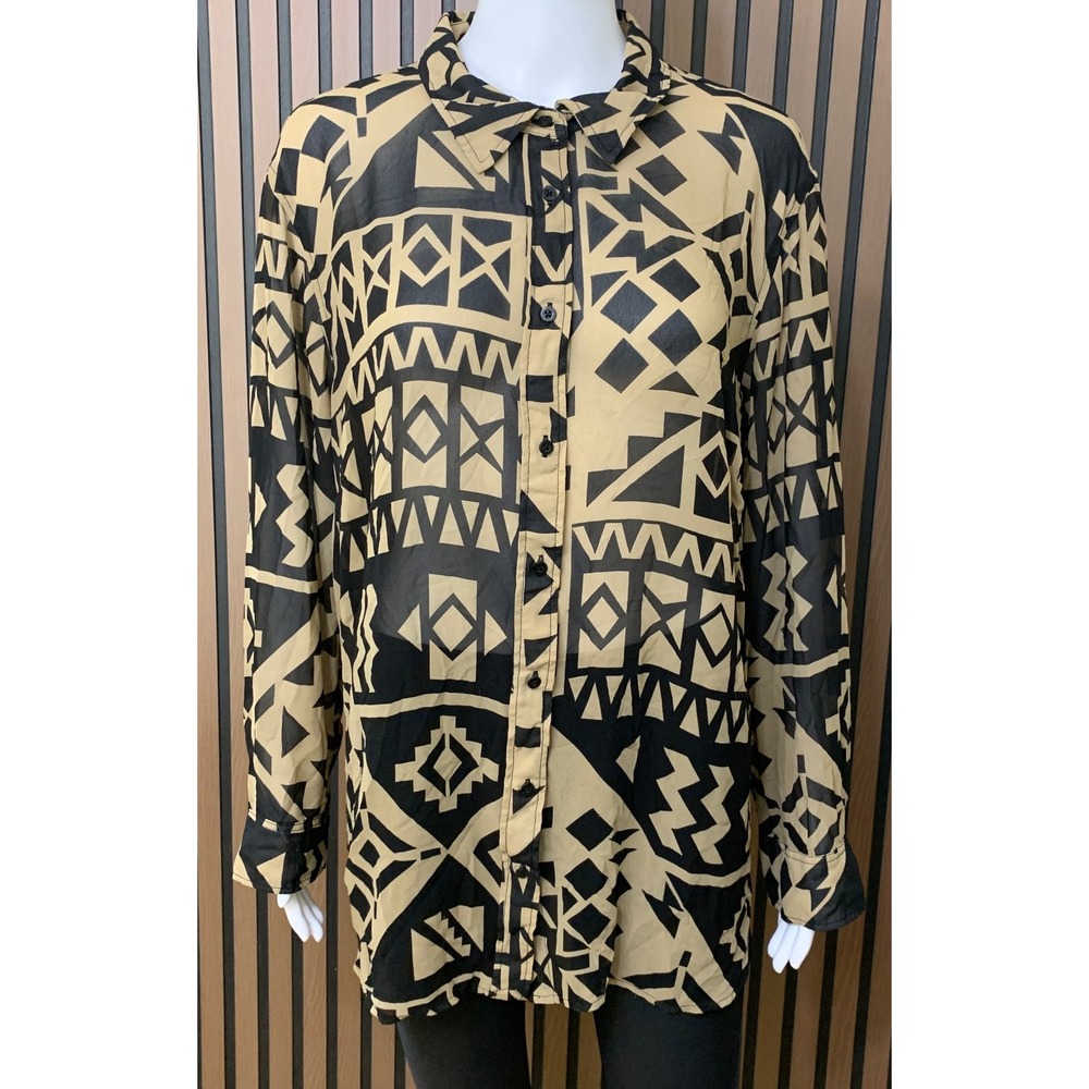 Lauren Ralph Lauren Tan Black Geometric Tribal Print Button Down Shirt 2X Plus